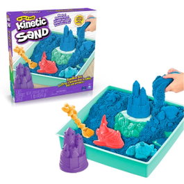 Spin Master Sandbox Set Azul Kinetic Sand 6067478 - Bac à sable bleu avec 450g de sable, 4 moules et outils, dès 3 ans