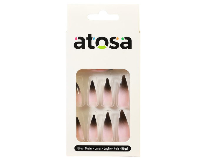 Ongles postiches Halloween dégradé noir et rose naturel forme amande Ongles postiches Halloween dégradé noir et rose naturel forme amande