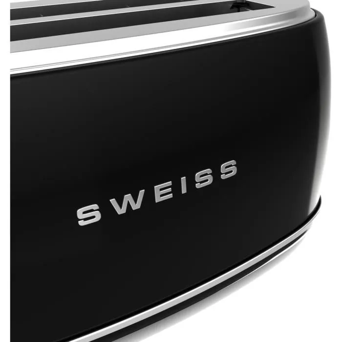 Sweiss GRV9 Grille-pain Vintage - 1500 W - 2 Fentes - Fonctions Décongélation et Réchauffage - Design Acier Inoxydable et Panier à Miettes Amovible - Noir