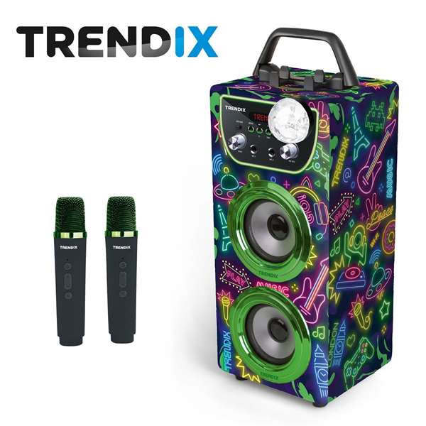 World Brands Karaoke Neon World avec Haut-parleur, 2 Micros, Support Mobile, USB, Radio FM, Bluetooth, 22,8x13,8x34 cm, Dès 3 Ans