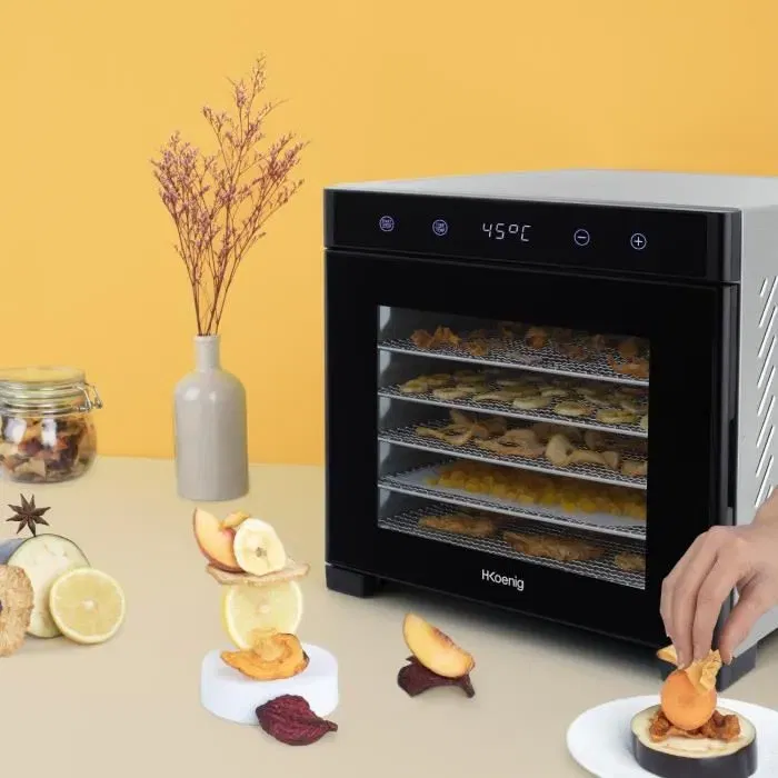 Hkoenig Déshydrateur Alimentaire DSY900 - 6 Plateaux - Température 35°C à 70°C - Minuterie Intégrée - 650W - Pour Fruits, Légumes, Viandes