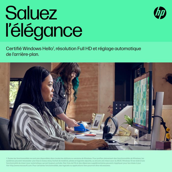 HP Webcam HP 625 Full HD 1080p avec micros, IA, Windows Hello, Zoom, rotation 360 degrés, champ de vision ajustable, pour visioconférence