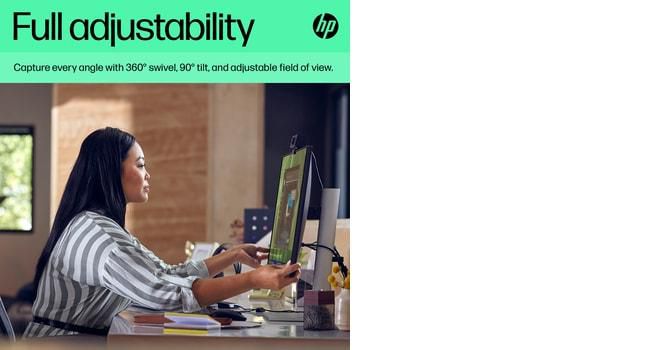 HP Webcam HP 625 Full HD 1080p avec micros, IA, Windows Hello, Zoom, rotation 360 degrés, champ de vision ajustable, pour visioconférence