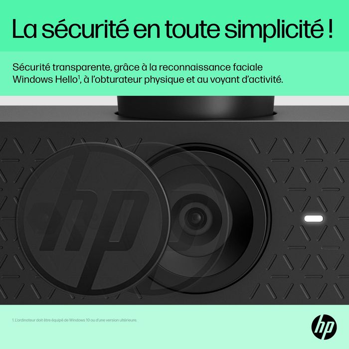 HP Webcam HP 625 Full HD 1080p avec micros, IA, Windows Hello, Zoom, rotation 360 degrés, champ de vision ajustable, pour visioconférence