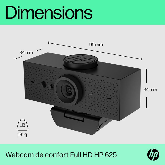 HP Webcam HP 625 Full HD 1080p avec micros, IA, Windows Hello, Zoom, rotation 360 degrés, champ de vision ajustable, pour visioconférence