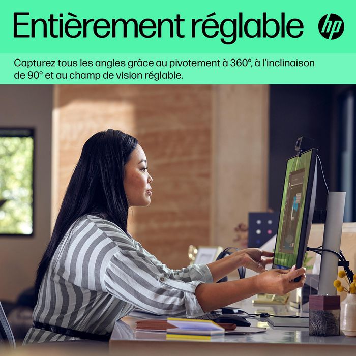 HP Webcam HP 625 Full HD 1080p avec micros, IA, Windows Hello, Zoom, rotation 360 degrés, champ de vision ajustable, pour visioconférence