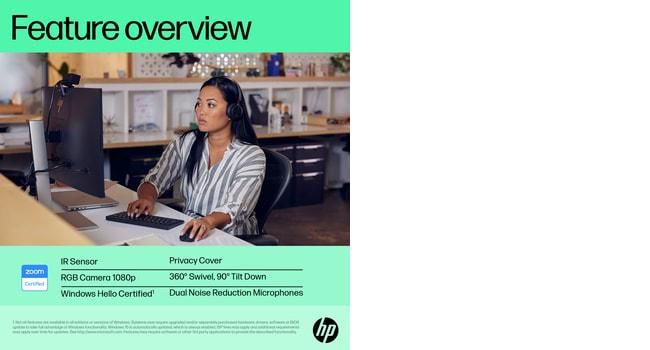 HP Webcam HP 625 Full HD 1080p avec micros, IA, Windows Hello, Zoom, rotation 360 degrés, champ de vision ajustable, pour visioconférence