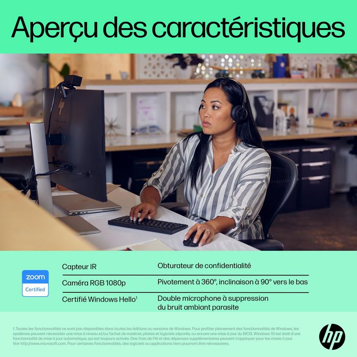 HP Webcam HP 625 Full HD 1080p avec micros, IA, Windows Hello, Zoom, rotation 360 degrés, champ de vision ajustable, pour visioconférence