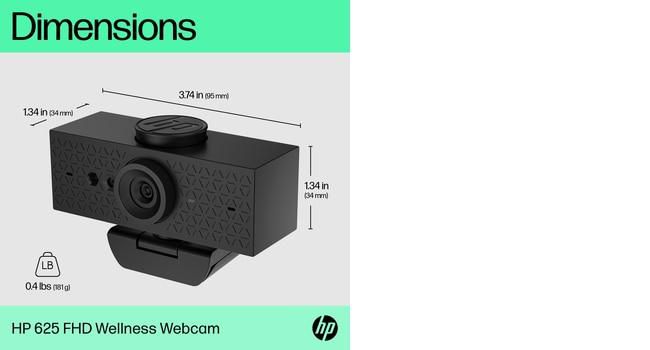 HP Webcam HP 625 Full HD 1080p avec micros, IA, Windows Hello, Zoom, rotation 360 degrés, champ de vision ajustable, pour visioconférence