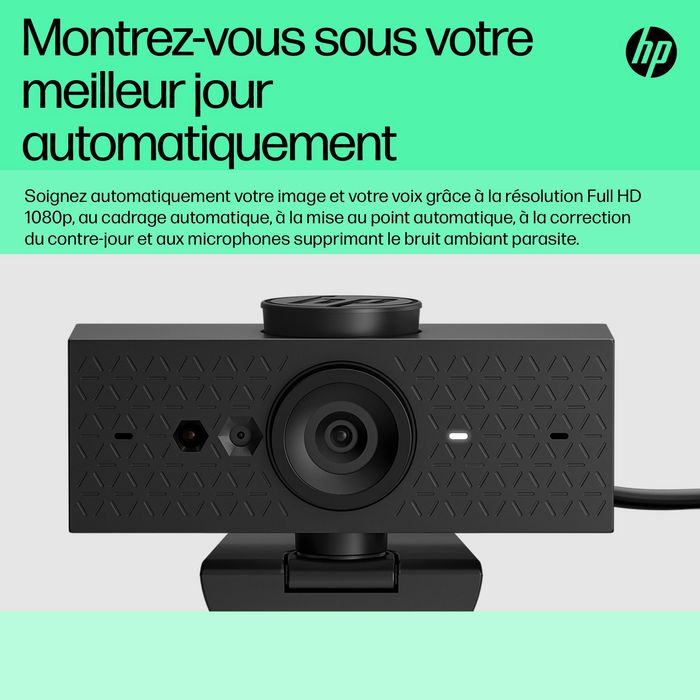 HP Webcam HP 625 Full HD 1080p avec micros, IA, Windows Hello, Zoom, rotation 360 degrés, champ de vision ajustable, pour visioconférence