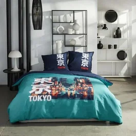 Today - Parure de Lit JAVA Imprimé Tokyo Turquoise - Housse de Couette 240x220 cm + 2 Taies 65x65 cm - 100% Coton - Pour Lit 2 Personnes