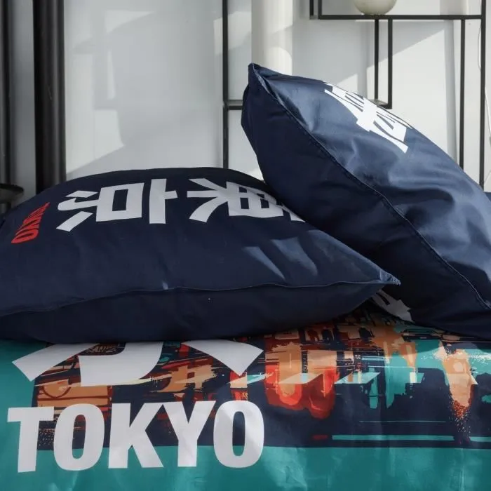 Today - Parure de Lit JAVA Imprimé Tokyo Turquoise - Housse de Couette 240x220 cm + 2 Taies 65x65 cm - 100% Coton - Pour Lit 2 Personnes