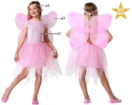 Déguisement de Fée Rose pour Enfant Fille 5-6 Ans - Costume de Carnaval avec Tête, Ailes et Robe en Polyester
