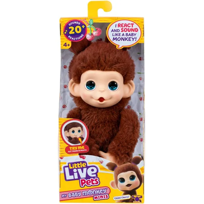Little Live Pets - Peluche interactive bébé singe marron - Réf. Mon bébé singe mini - Plus de 20 sons, suce son pouce, réactions aux caresses