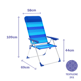 Marbueno 10248 Chaise Pliante Aluminium 5 Positions avec Coussin Rayures Bleues pour Plage et Piscine 69x58x109 cm