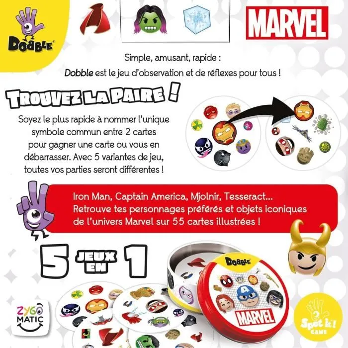 Asmodee Dobble Marvel Emoji (Eco Sleeve) - Jeu d'ambiance familial, langue française, à partir de 6 ans, pour intérieur et extérieur, univers Marvel
