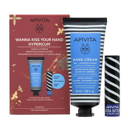 Apivita Crème pour les Mains au Millepertuis + Baume à Lèvres, Soin Hydratant et Réparateur