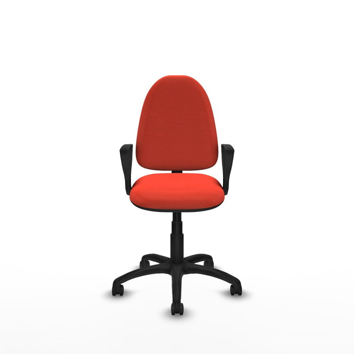 Chaise de bureau Aýna avec mécanisme de contact permanent de base, recouverte de tissu orange foncé. Équipée d'une base en polyamide noir, d'accoudoirs fixes et de roulettes autobloquantes.