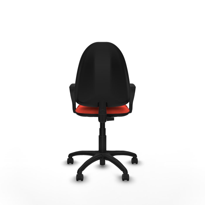 Chaise de bureau Aýna avec mécanisme de contact permanent de base, recouverte de tissu orange foncé. Équipée d'une base en polyamide noir, d'accoudoirs fixes et de roulettes autobloquantes.