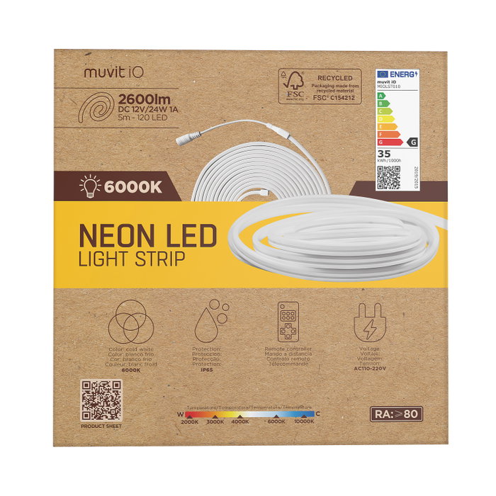Muvit Tira LED Io Neon IP65 5 mètres 2600lm Blanc Chaud/Moyen/Froid avec Télécommande