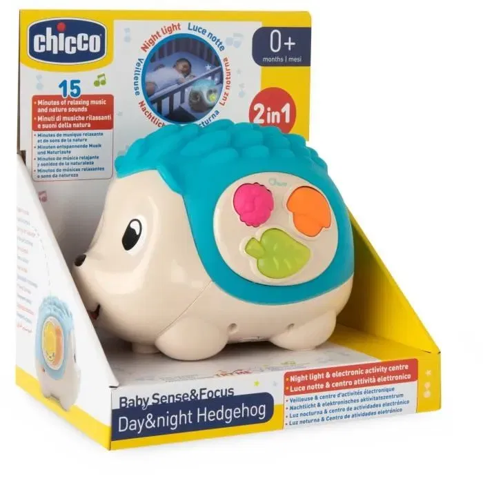 Chicco - Jouet d'éveil et veilleuse Hérisson Sensoriel Day&Night - Centre d'activités lumineux et musical pour bébé dès la naissance - Bleu