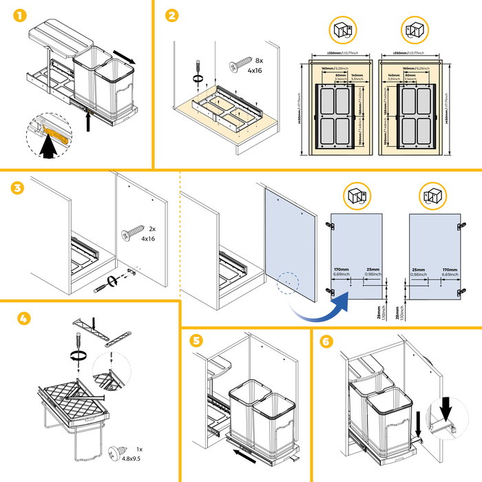 Emuca Bac à recyclage pour montage inférieur et extraction manuelle/automatique dans les éléments de cuisine, Inox 2x12 litres plastique et acier inoxydable.