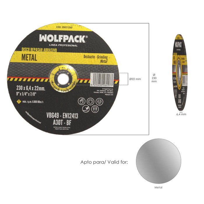 WOLFPACK LINEA PROFESIONAL Disco Repasar Abrasivo Metal 230x6,4x22,23 mm WOLFPACK LINEA PROFESIONAL Disco Repasar Abrasivo Metal 230x6,4x22,23 mm