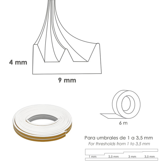 WOLFPACK LINEA PROFESIONAL Joint élastique en forme de E, 6 m x 9 mm, Blanc