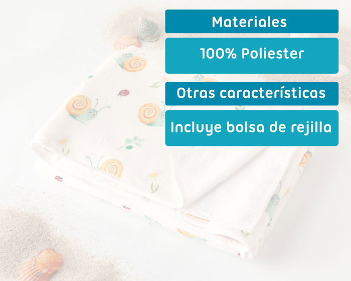 KioKids Toaldo de Plage en Microfibre pour Bébé - Motif Caracoles Beige, 75x150 cm, Sac de Transport Inclus