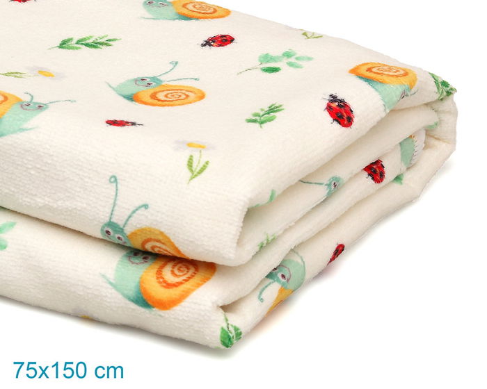 KioKids Toaldo de Plage en Microfibre pour Bébé - Motif Caracoles Beige, 75x150 cm, Sac de Transport Inclus