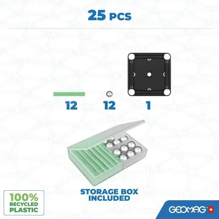 Geomag - Coffret de construction magnétique Glow Recycled 25 pièces, plastique 100% recyclé, structures luminescentes