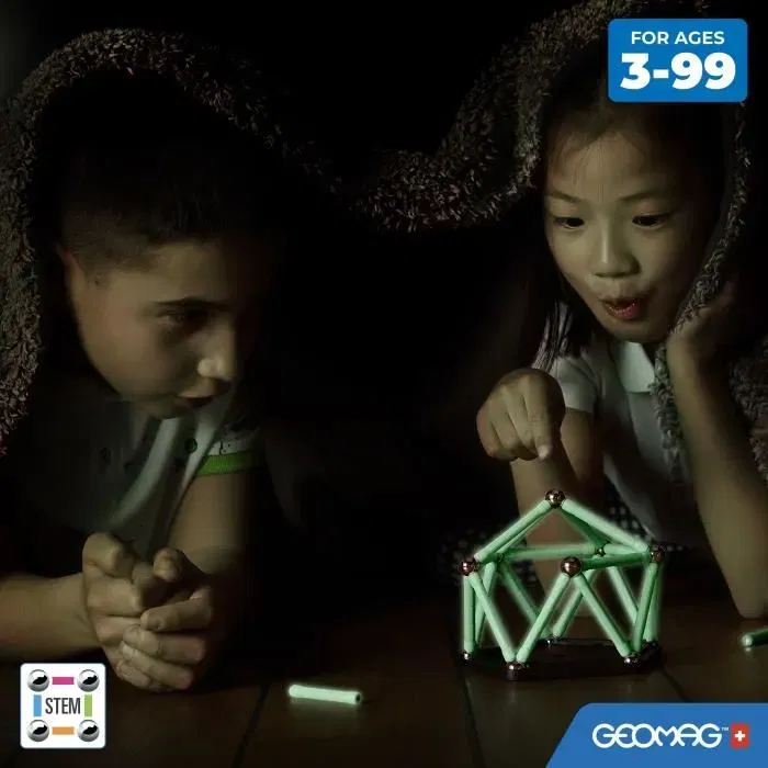 Geomag - Coffret de construction magnétique Glow Recycled 25 pièces, plastique 100% recyclé, structures luminescentes