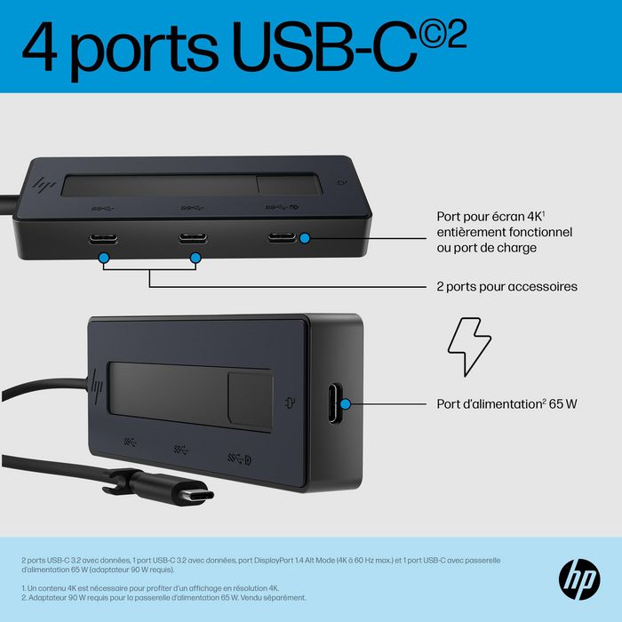 HP Concentrateur USB-C Portable avec Support Vidéo 4K - Hub USB-C Polyvalent