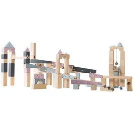 ROBA - Circuit à billes en bois - 80 briques de construction - 20 billes en verre - Effets sonores - Naturel, Marine, Ciel, Rose