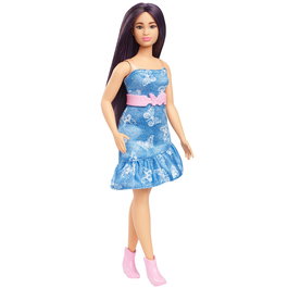 Barbie - Poupée Fashionista Robe à papillons avec ceinture rose et cheveux violets - Jeu de rôle pour enfants dès 3 ans