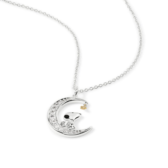 PEERS HARDY Colgante Luna Snoopy - Pendentif lune brillant avec pierres blanches et personnage Snoopy sur collier chaîne ajustable 45 cm
