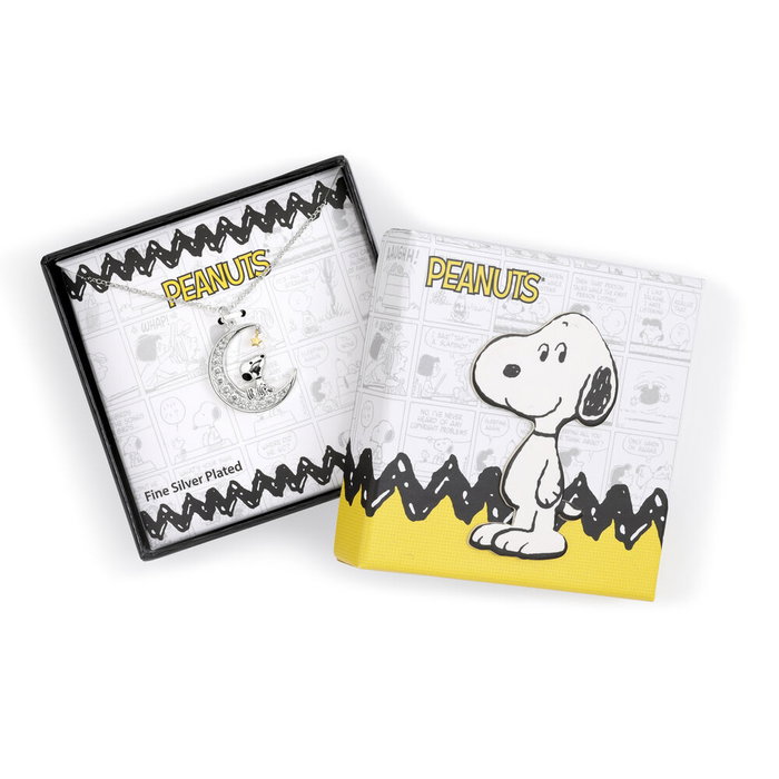 PEERS HARDY Colgante Luna Snoopy - Pendentif lune brillant avec pierres blanches et personnage Snoopy sur collier chaîne ajustable 45 cm
