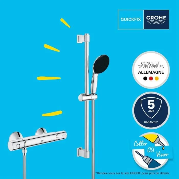 GROHE 34597001 - Ensemble de douche avec mitigeur thermostatique, pommeau de douche 1 jet, barre 60 cm et flexible - Economie d'eau - Chromé