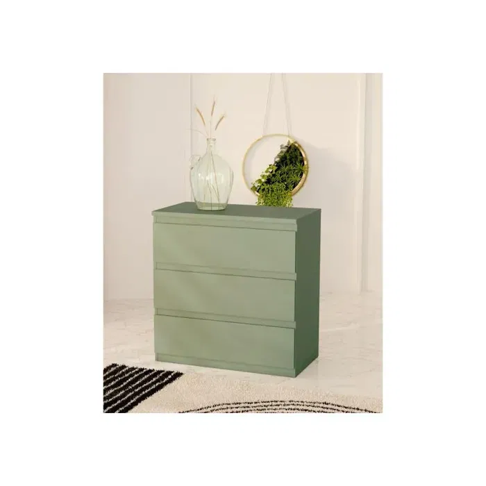 Commode EDMORE - 3 tiroirs - Vert sauge mat - L 77,2 cm x P 42 cm x H 79,8 cm - Rangement meuble compact