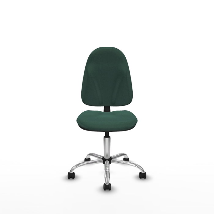 Chaise de bureau Algarra avec mécanisme de contact permanent de base, rembourrée de tissu vert bouteille. Équipée d'une base chromée, sans accoudoirs et de roulettes pour parquet.