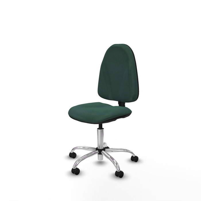 Chaise de bureau Algarra avec mécanisme de contact permanent de base, rembourrée de tissu vert bouteille. Équipée d'une base chromée, sans accoudoirs et de roulettes pour parquet.