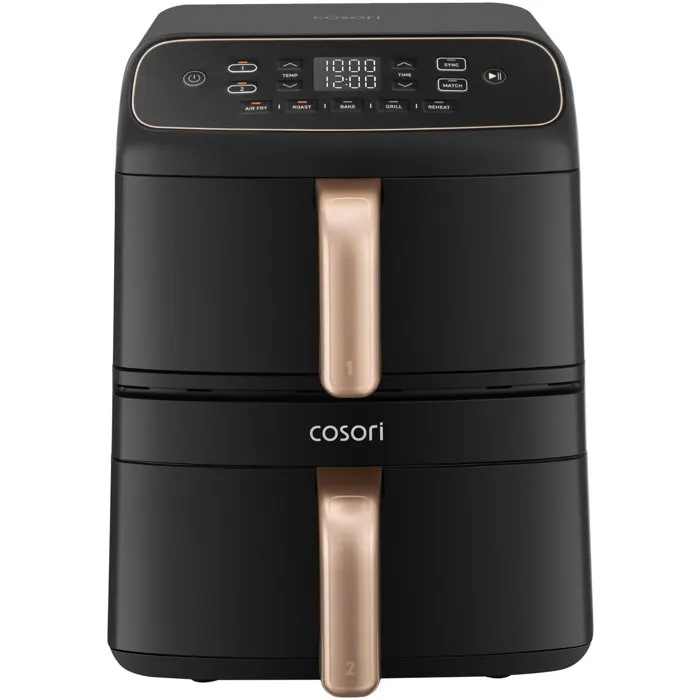 Cosori Turbo Tower Compact 8,6 L - Friteuse sans huile à 2 paniers de 4,3 L - 2630W - 5 programmes (Air Fry, Bake, Reheat, Grill, Roast) - Revêtement céramique - Noir