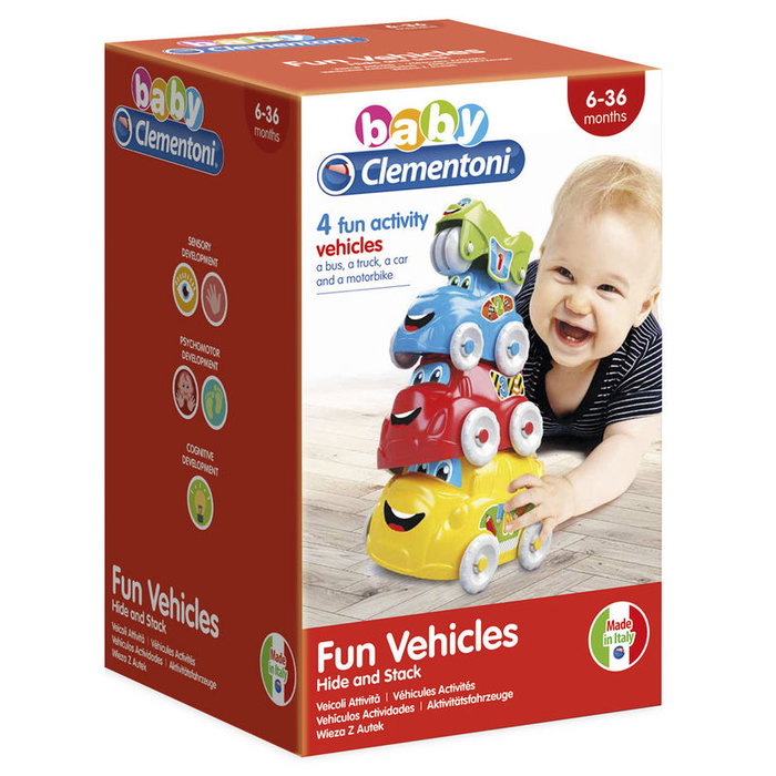 CLEMENTONI - Jouet d'éveil Apilables Empilables, Jeu de construction et d'empilement, Voitures à emboîter, Stimule la coordination et l'imagination, Pour enfants de 6 à 36 mois