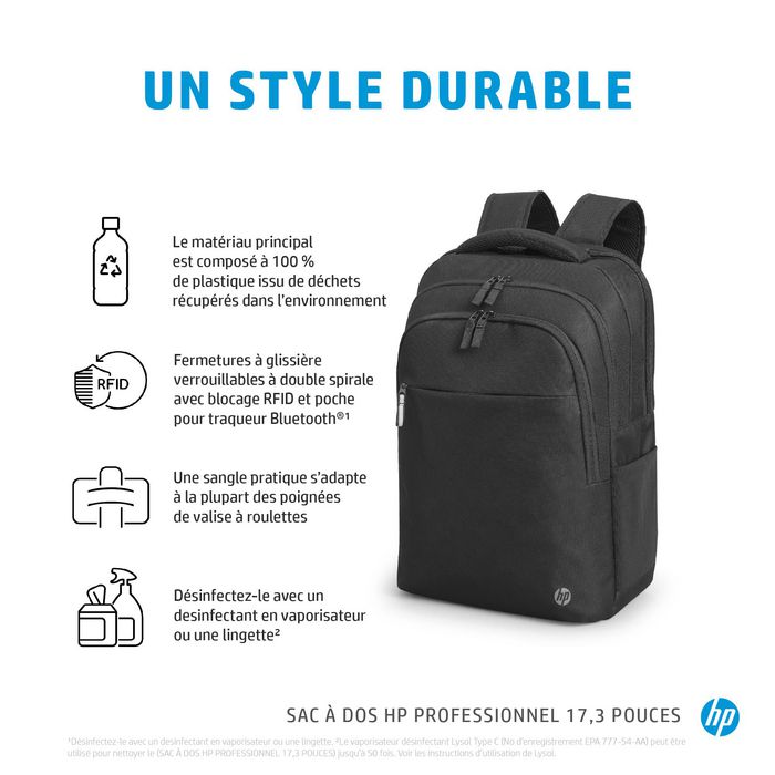 HP Sac à dos Professionnel 17.3 Pouces pour Ordinateur Portable - Écologique, RFID, Bluetooth, Compartiment Amovible pour Ordinateur, Passe-Bagages