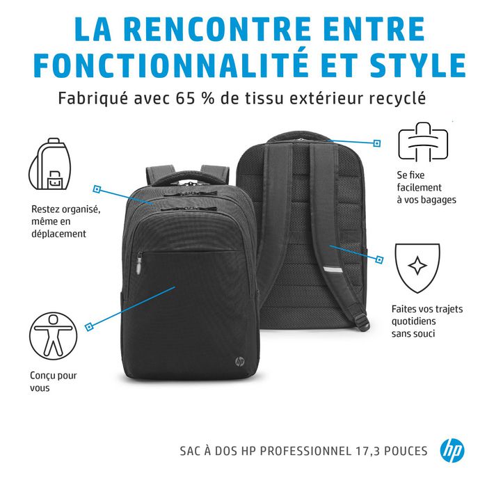 HP Sac à dos Professionnel 17.3 Pouces pour Ordinateur Portable - Écologique, RFID, Bluetooth, Compartiment Amovible pour Ordinateur, Passe-Bagages