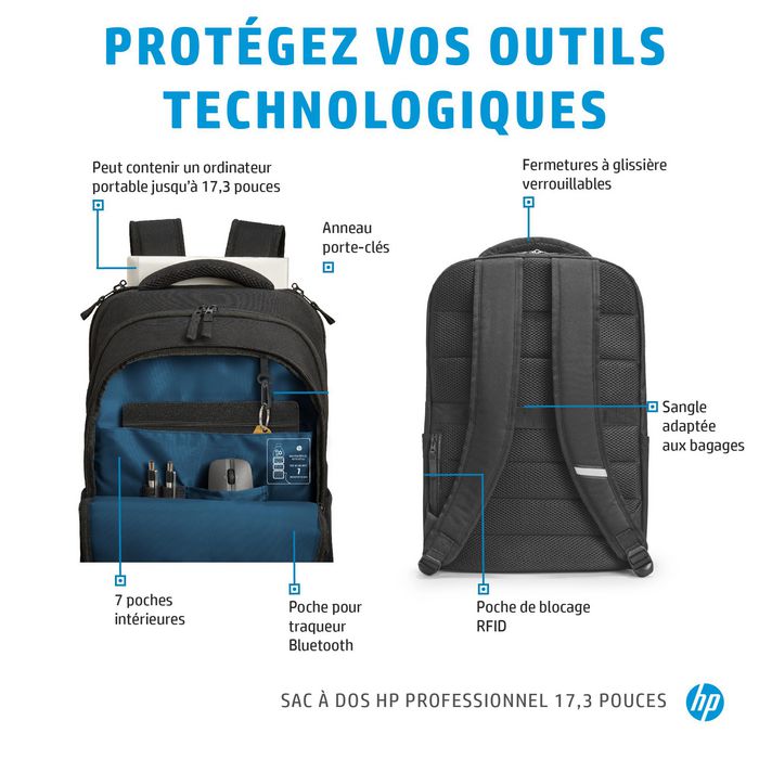 HP Sac à dos Professionnel 17.3 Pouces pour Ordinateur Portable - Écologique, RFID, Bluetooth, Compartiment Amovible pour Ordinateur, Passe-Bagages