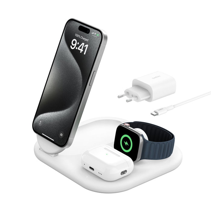 Belkin Socle de recharge Qi2 3-en-1 Blanc Belkin Socle de recharge Qi2 3-en-1 Blanc