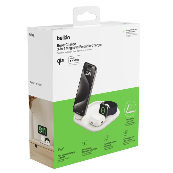 Belkin Socle de recharge Qi2 3-en-1 - Blanc - M30 Belkin Socle de recharge Qi2 3-en-1 - Blanc - M30