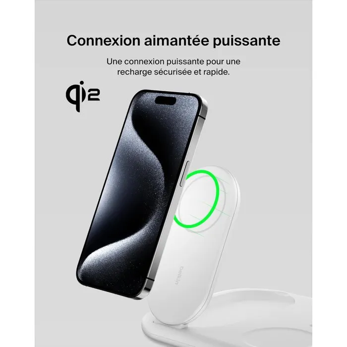 Belkin Socle de Recharge Qi2 3-en-1 Blanc pour iPhone, AirPods et Apple Watch