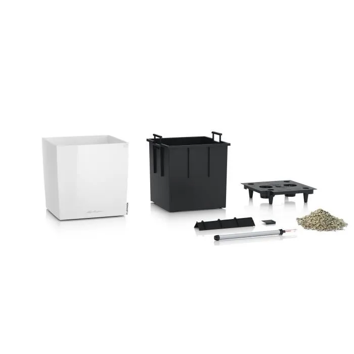 Lechuza Pot de fleurs Cube Premium 40 - Kit complet, 39 x 39 x 40 cm, 31 L, blanc brillant - Bac d'arrosage et support à roulettes inclus